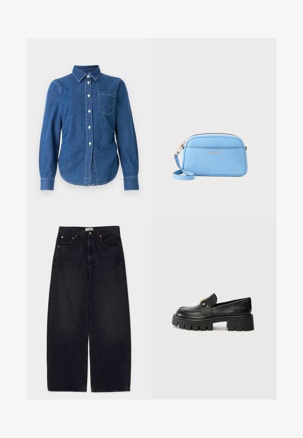 Camicia in denim blu scuro con bottoni, maniche lunghe, colletto, una tasca sul petto e bottoni bianchi. Cuciture chiare aggiungono dettagli.; Jeans in denim nero a gamba larga con bottoni in rame, due tasche frontali e una texture liscia. Design pulito con una vestibilità dritta.; Mocassini in pelle nera con suola spessa, caratterizzati da un accento dorato nella parte anteriore e una finitura liscia. Design della suola con profilo spesso.; Borsa a tracolla in pelle azzurro chiaro con dettagli in metallo oro, chiusura con zip e tasca frontale. Presenta un tracolla regolabile per maggiore comodità.