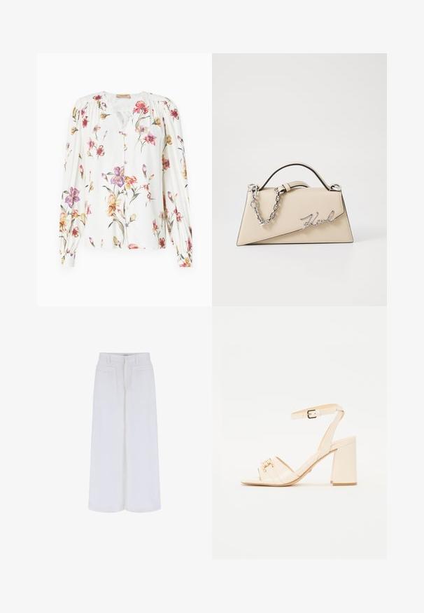 Blusa bianca a maniche lunghe con un motivo floreale in rosa, viola e giallo. Caratterizzata da una chiusura frontale con bottoni e dettagli arricciati sulle spalle. Tessuto liscio.; Pantaloni bianchi a gamba larga con una texture liscia, dotati di due tasche frontali e chiusura a bottone, progettati per un fit rilassato.; Sandal in pelle verniciata beige con punta quadrata, due cinghie frontali, una cinghia alla caviglia con fibbia e tacco a blocco.; Borsa a mano in pelle beige con una forma triangolare strutturata, dotata di un manico in catena argentata e di un logo in metallo scritto in corsivo.