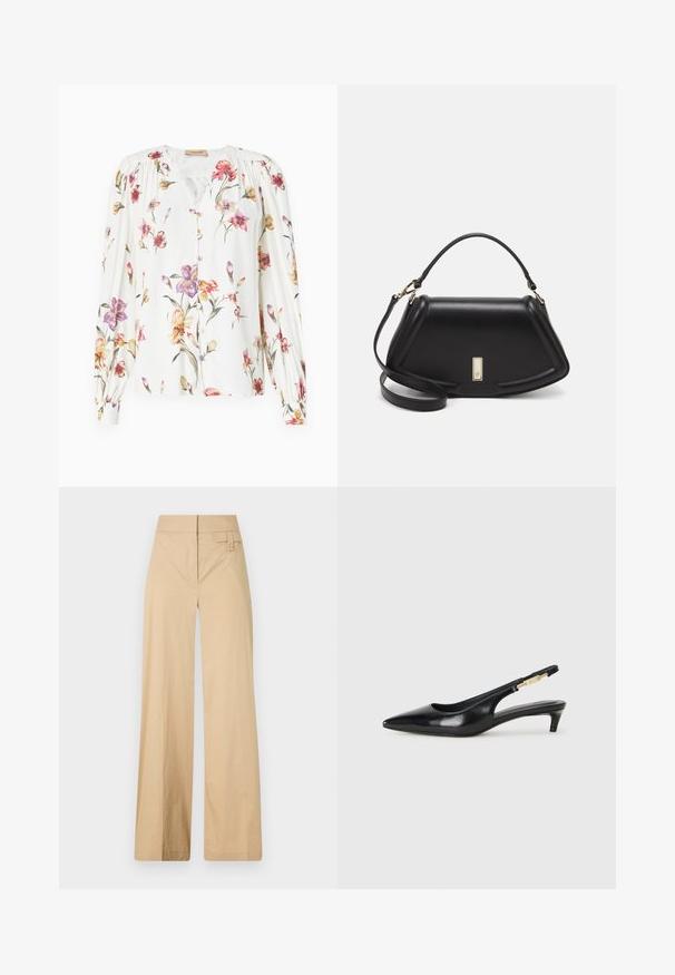 White long-sleeve blouse with a floral pattern in pink, purple, and yellow. Features button front and gathered shoulder details. Smooth texture.; Beige wide-leg pants made of cotton blend fabric. Features a smooth texture, elastic waistband, and a side button detail.; Black leather slingback heels with a pointed toe, featuring a slim heel and a gold-tone accent on the adjustable strap. Smooth texture.; Black leather handbag with a structured design, featuring a cropped shape, top handle, and gold hardware accent. Adjustable shoulder strap included.