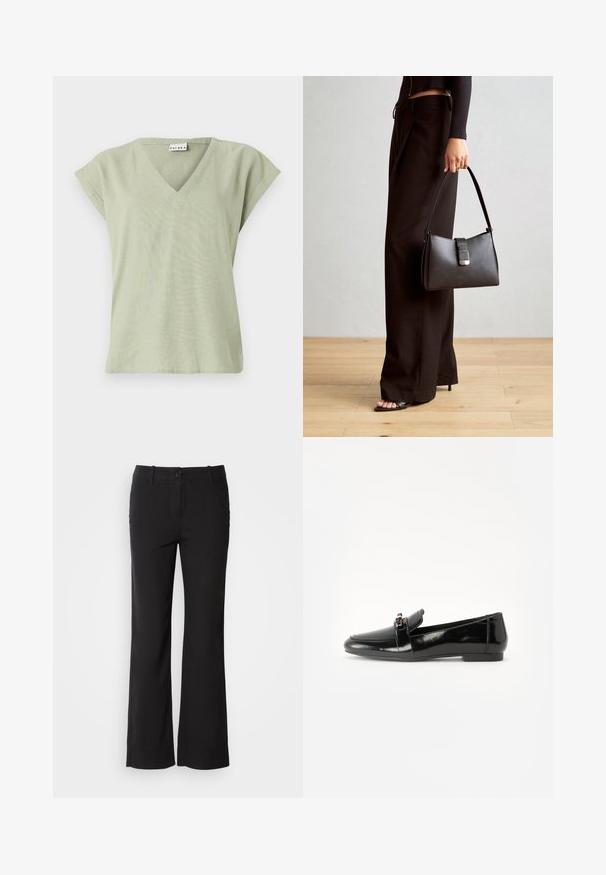 Hellgrünes V-Ausschnitt-Oberteil, kurze Flügelärmel, lockerer Schnitt, weicher Stoff, schlichtes Design und klare saumlinie. Keine Muster oder sichtbare Beschläge.; Schwarze Baumwollmischungshose mit geradem Bein, vorderem Knopfverschluss und zwei Seitentaschen. Glatte Textur, keine sichtbaren Muster.; Schwarze Lackleder-Lederschuhe mit flacher Sohle, runder Spitze und einem dekorativen Riemen mit einem goldfarbenen Akzent. Glattes, glänzendes Finish.; Schwarze Handtasche mit strukturierter Form, glatter Textur und einem metallischen Verschluss. Kombiniert mit weiten schwarzen Hosen und offenen Sandalen auf einem Holzboden.