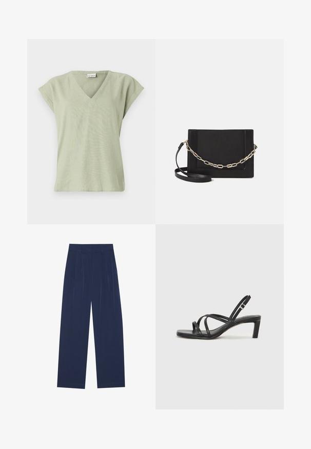 Light green V-neck top, short cap sleeves, loose fit, soft texture, simple design, and clean hemline. No patterns or visible hardware.; Navy blue wide-leg pants made of soft fabric, featuring front pleats, a smooth texture, and a straight fit with no visible pockets.; Black strappy sandal with a square toe and a low block heel. Features multiple thin straps and an adjustable ankle strap. Made of smooth leather.; Black leather crossbody bag featuring a smooth texture, rectangular shape, and a metallic chain detail on the front. Adjustable strap included.