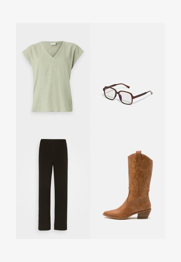 Jasnozielona bluzka z dekoltem w serek, krótkimi rękawami typu cap, luźny krój, miękka tekstura, prosty design i czysta linia dołu. Bez wzorów ani widocznych elementów metalowych.; Czarne spodnie o prostych nogawkach, wykonane z tkaniny o splocie, z gładkim przodem, dwoma bocznymi kieszeniami i gładką fakturą. Bez widocznych wzorów ani akcentów.; Brązowe skórzane kowbojki z wyciągniętym nosem, haftowanymi wzorami spiralnymi na cholewie oraz blokowym obcasem. Posiadają pętlę ułatwiającą zakładanie.; Brązowe, prostokątne okulary z przezroczystymi soczewkami i fioletowymi odcieniami. Gładka plastikowa oprawka z prostymi zausznikami i subtelnymi detalami.; Srebrne kolczyki w formie kółek o gładkim, polerowanym wykończeniu. O okrągłym kształcie i pewnym zapięciu na klik. Lekka konstrukcja odpowiednia do codziennego noszenia.
