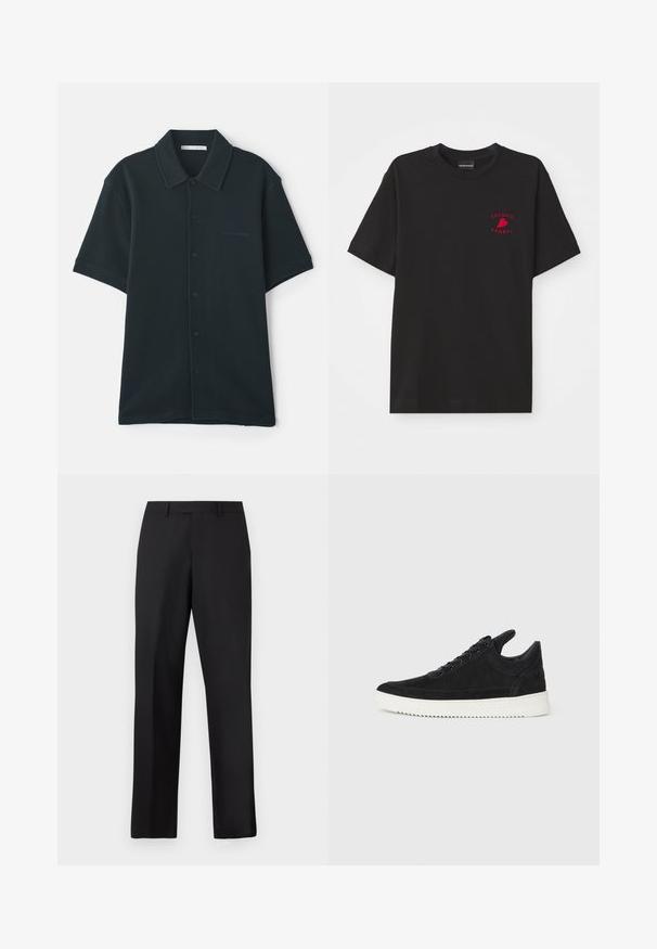 Tummanvihreä, lyhythihainen nappikauluspaita, joka on valmistettu teksturoidusta kankaasta ja jossa on kaulus sekä huomaamaton logo vasemmalla puolella.; Musta puuvillapaita, jossa on pyöreä pääntie ja lyhyet hihat; sisältää punaisesti brodannotun "Emporio Armani" -logon ja sydämen rintakohdassa.; Mustat, suorat housut, jotka on valmistettu sileästä kankaasta. Niissä on tavallinen vyötärönauha, eikä niissä ole näkyviä kuvioita tai koristeita.; Mustat mokkasiinikenkiä valkoisella kumipohjalla, jossa on sävy sävyyn ompelu ja nauhakiinnitys. Sujuva pinta ja moderni, virtaviivainen muoto.