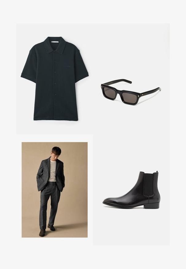 Sötétzöld, rövidujjú, gombos ing, textúrált anyagból, gallérral és diszkrét logóval a bal oldalon.; Szürke szabott öltöny, háromszögletű hajtókával és elülső zsebekkel, csíkos inggel párosítva. A nadrágnak laza fazonja van és plisszé részletekkel rendelkezik. Barna cipő.; ALDO BERT - Klasszikus bokacsizmák - black; Fekete téglalap alakú napszemüveg sötét lencsékkel, vastag műanyag keret, arany díszítések a szárakon, és a márka logója gravírozva a szára.