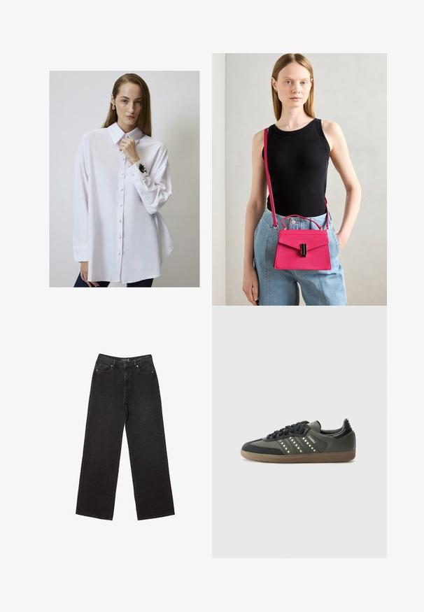 Touché Privé Srajca - white; Črne široke jeans hlače iz denima, z majhnimi pikčastimi vzorci, klasičnim petim žepom ter z gumbom in zadrgo za zapiranje.; adidas Originals SAMBA OG - Športni copati - core black/legend earth/gum; Roza strukturirana torbica za čez ramo s poklopcem in črnimi dodatki. Nosi se čez telo z dolgim pasom. Gladka tekstura.