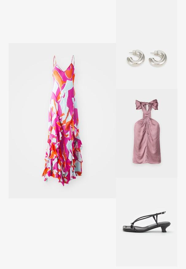Svetle růžové halter šaty s uvázanou mašlí na krku, které mají nabírané detaily, hladkou strukturu a přiléhavý střih.; Maxi šaty s ramínky na spaghetti, živé růžové, oranžové a modré abstraktní vzory, volánkový lem, lehký materiál, splývavý design.; Černé kožené sandály s tenkými pásky, nízkým blokovým podpatkem a čtveratou špičkou. Obsahují přezku a mají hladkou texturu.; Náušnice ve stříbrném odstínu ve tvaru hoop s hladkým, zakřiveným designem a texturovaným povrchem, které mají zapínání na hrot.