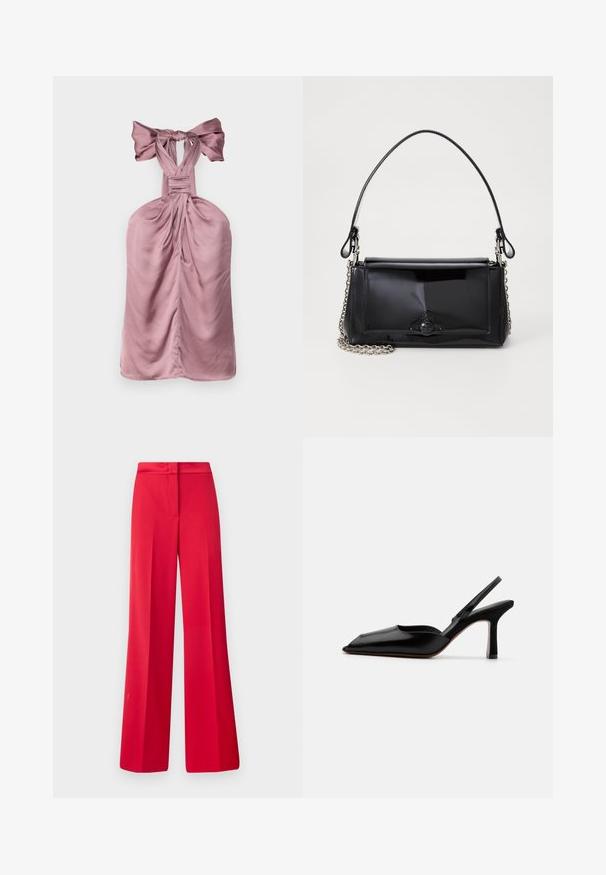 Helles rosa Halterkleid mit einer gebundenen Schleife am Hals, das geraffte Stoffdetails, eine glatte Textur und eine figurbetonte Silhouette aufweist.; Rote Weitbein-Hosen mit glatter Textur, flachem Taillenbund und strukturiertem Design, mit Falten an der Vorderseite und einer taillierten Passform.; Schwarzer Leder Slingback-Absatz mit spitz zulaufender Zehenpartie, minimalistisches Design, dünner Knöchelriemen und eleganter Stiletto-Absatz. Glatte Textur.; Schwarze Lackleder-Handtasche mit rechteckiger Form, Kettenriemen und einem markanten Hardware-Akzent in der Mitte. Glatte Textur.