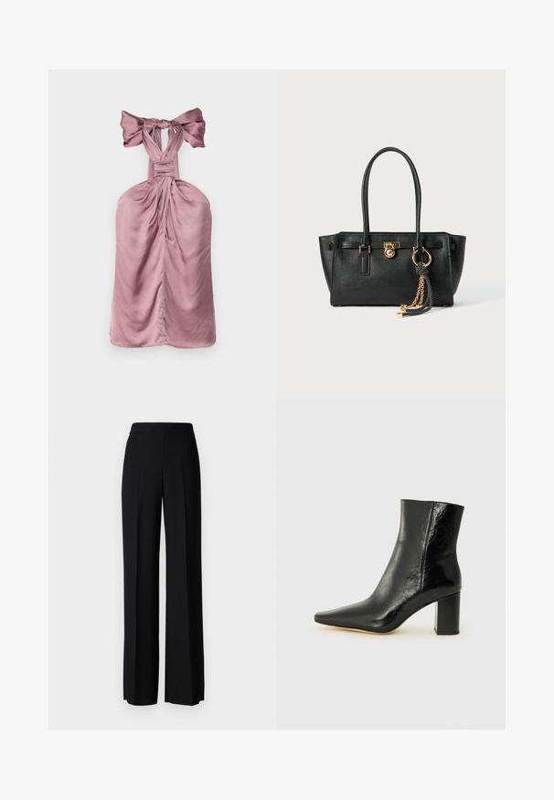 Abito halter di un rosa chiaro con un fiocco annodato al collo, caratterizzato da dettagli di tessuto arricciato, texture liscia e una silhouette aderente.; Pantaloni neri a gamba larga con una texture liscia, dotati di una vita alta e pieghe centrali. Nessun motivo visibile o dettagli in metallo.; Stivale alla caviglia nero in pelle lucida con punta affusolata e tacco squadrato e corposo. Presenta una texture liscia e un design minimalista.; Borsa a mano in pelle nera con doppi manici, lucchetto dorato e dettaglio a catena, accessorio con nappina in bianco e nero su sfondo bianco.