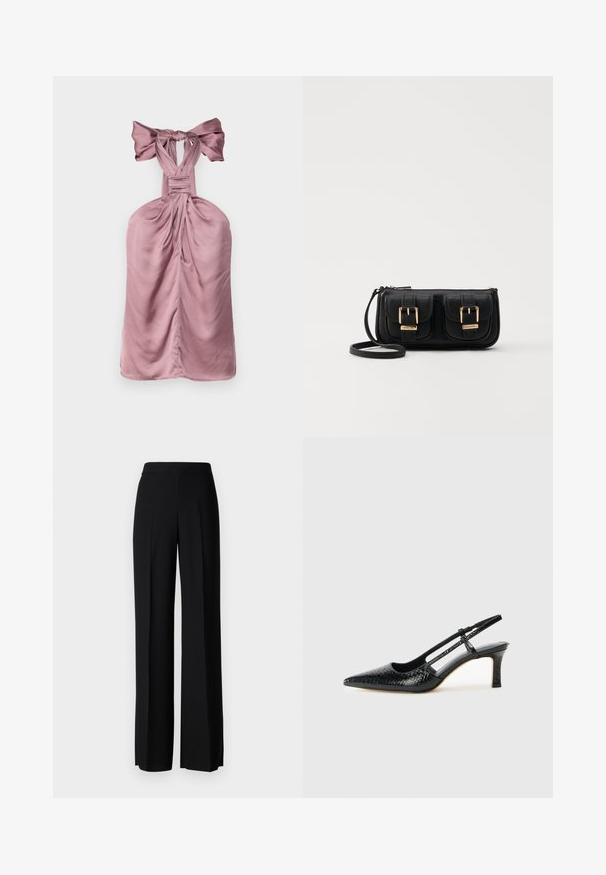 Light pink halter dress with a tied bow at the neck, featuring gathered fabric details, smooth texture, and a fitted silhouette.; Black wide-leg trousers with a smooth texture, featuring a high waistband and center pleats. No visible patterns or hardware details.; Black patent slingback heel with a pointed toe, featuring textured snake print, adjustable strap, and a short, textured block heel.; Black leather crossbody bag with two front pockets, gold buckles, zipper closure, and a slim strap. Textured surface and compact rectangular shape.