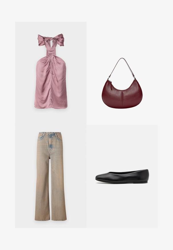 Helles rosa Halterkleid mit einer gebundenen Schleife am Hals, das geraffte Stoffdetails, eine glatte Textur und eine figurbetonte Silhouette aufweist.; Helle, weit geschnittene Jeans mit hoher Taille, aus Denim gefertigt. Verfügt über dezente Nähte und fünf Taschen, mit einer leicht verblassten Textur.; Paul Smith TOPANGA - Klassischer Ballerina - black; Weinrote Lederhandtasche mit einer geschwungenen Form. Verfügt über einen einzelnen Schulterriemen und einen oberen Reißverschluss, der eine glatte, strukturierte Oberfläche präsentiert.