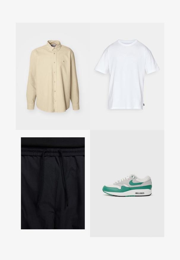 Beež pikaerine nupp-särk, mis on valmistatud pehmest puuvillast, klassikalise krae ja ümarate servadega, rinnal on väike logo.; Valge puuvillane t-särk lühikeste varrukatega ja ümmarguse kaelusega. Sellega on kaasas väike, tagasihoidlik Nike logo rinnal ja külgmine silt.; Mustad lühikesed püksid, millel on paelaga vöökoht, kerge kangas, mis on sileda tekstuuriga ning lihtne disain ilma nähtavate logode või mustriteta.; Nike Air Max 1 tossud, millel on hall võrgust ülemine osa, rohelised nahkdetailid, valged paelad ja nähtav õhk üksus taldades.