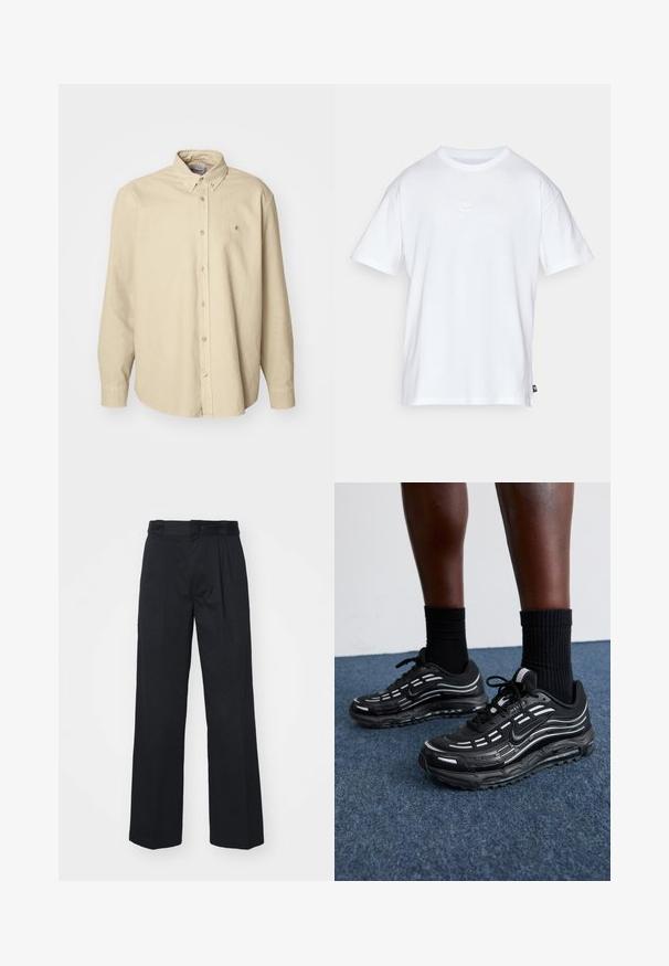 Camisa de botón de manga larga en beige, hecha de algodón suave, con un cuello clásico y un dobladillo redondeado, que presenta un pequeño logo en el pecho.; Camiseta de algodón blanca con mangas cortas y cuello redondo. Presenta un pequeño y sutil logo de Nike en el pecho y una etiqueta lateral.; Pantalones de pierna ancha negros, confeccionados en tejido entrelazado, con una parte delantera plana, trabillas para cinturón y bolsillos laterales con una textura suave.; Las zapatillas Nike negras presentan una parte superior de malla con franjas de acento, cordones texturizados y una suela de goma negra. Se llevan con calcetines negros de canalé.