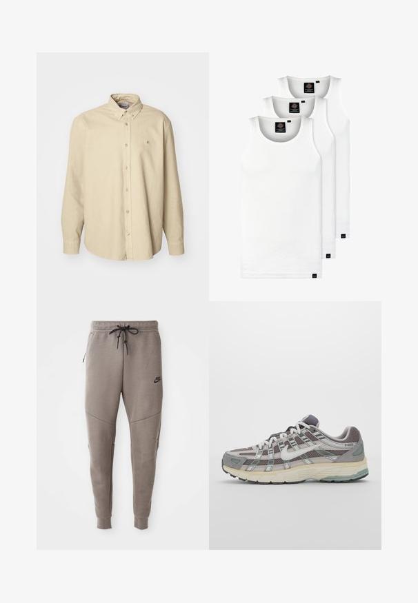 Beige pitkähihaisen napapusero, joka on valmistettu pehmeästä puuvillasta, klassisella kauluksella ja pyöristetyllä helman. Rinnassa on pieni logo.; Kolme valkoista ribbitekstiilistä toppia, jotka on valmistettu puuvillasta. Ominaisuuksiin kuuluu pyöreä pääntie ja pieni musta etiketti helman lähellä. Saatavilla useissa kooissa.; Harmaat Nike-juoksuhousut, joissa on kiristysnyöri vyötäröllä, kapeat lahkeet, sivutaskut ja erottuva sauman yksityiskohtaisuus. Pehmeä, tekstuuri kangas.; Harmaa urheilukenkä, jossa on verkko- ja mokkanahkainen yläosa, valkoiset yksityiskohdat, pehmustettu pohja ja erottuva muotoilu heijastavilla elementeillä.