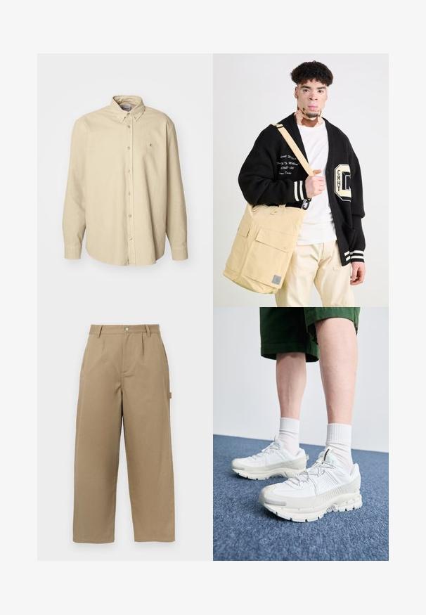 Béžová košeľa s dlhým rukávom na gombíky vyrobená z mäkkej bavlny s klasickým golierom a zaobleným lemom, so malým logom na hrudi.; Béžové nohavice s širokými nohavicami vyrobené z bavlneného zloženia, s vysokým pásom, prešitím vpredu a dvoma bočnými vreckami so zapínaním na gombík.; Biele športové topánky s textúrovanými prešívaniami, robustnou podrážkou a sivými akcentami. Nosené s bielymi ponožkami po členky a zelenými šortkami na modrom povrchu.; Béžová messenger taška s dvoma prednými vreckami, vyrobená z látky. Prekročný čierny kardigán s bielymi pruhmi a vyšitými textovými detailami.