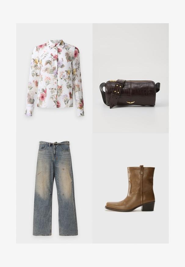 Virágos blúz hosszú ujjal, gombos elülső részel és fehér háttérrel. Rózsaszín, lila és sárga virágokkal, könnyű anyagon.; Világoskék farmernadrág, laza, egyenes szabással. Serteszálas, kopott és szakadt részletek jellemzik a térd környékén. Klasszikus öt zsebes stílus.; Barna bőrből készült bokacsizma négyzet alakú orral, texturált felülettel és alacsony, rakott sarkával. Hátsó húzófüllel és finom varrási részletekkel rendelkezik.; Barna krokodilbőr hatású bőr táska henger alakú, arany tónusú fémveretekkel és lecsatolható, szegecsekkel díszített pánttal.