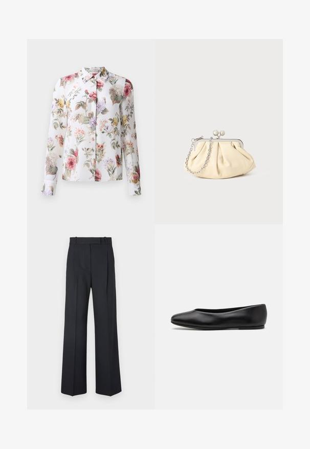 Blumenbluse mit langen Ärmeln, Knopfleiste und weißem Hintergrund. Verziert mit rosa, lila und gelben Blumen auf einem leichten Stoff.; Dunkelblaue Nadelstreifenhosen mit hoher Taille, weit geschnittenem Bein und ohne sichtbare Beschläge oder Verzierungen. Glatte Textur und taillierte Passform.; Paul Smith TOPANGA - Klassischer Ballerina - black; Faltige beigefarbene Ledertasche mit einem silbernen Metallrahmen, ausgestattet mit zwei runden dekorativen Verschlüssen und einem silbernen Kettenriemen.