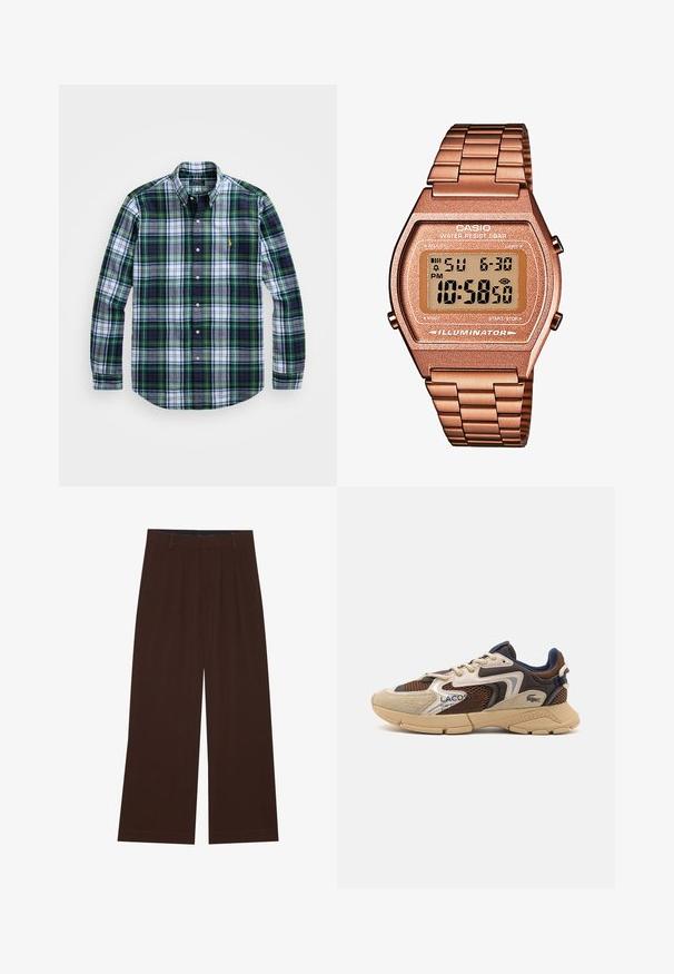Grønn og marineblå rutete skjorte med lange ermer, spredt krage og hvite detaljer, med en liten brodert logo på brystet.; YOURTURN UNISEX 3 PACK BASIC OVERSIZED T-SHIRT - T-shirts - dark brown/off-white/dark grey; Brune vide benbukser med plisseringer. Laget av et glatt stoff, med skjært midjebånd og sidelommer. Flat kant nederst.; Beige og brun sneaker med teksturerte mesh-paneler, semsket skinndetaljer, og gummisåle. Har snøring og merkeinformasjon.; Digital Casio klokke med en roségull metallrem, rektangulært hus, belyst skjerm og vannmotstand, som viser tid og dato.
