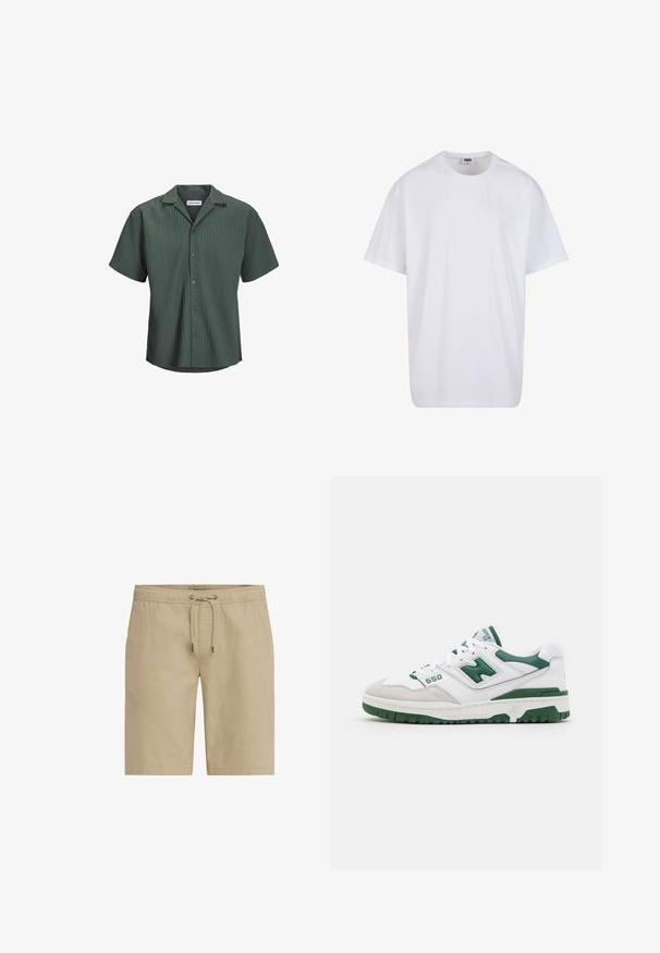 Korte mouw shirt in donkergroen, met een gestructureerd verticaal ribbelpatroon, kraag en een sluiting met zes knopen aan de voorkant.; Witte katoenen t-shirt met korte mouwen, ronde hals, relaxte pasvorm en zonder zichtbare logo's of patronen. Gladde textuur en minimalistisch ontwerp.; Beige shorts van zachte stof, met een elastische tailleband met een trekkoord en zijzakken, ontworpen met een rechte snit.; Witte sportieve schoen met groene accenten, gestructureerd leer en suede, geperforeerde details, gevoerde kraag en rubberen zool. Modelnummer 550.