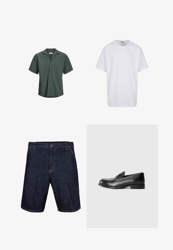 Kurzarmhemd in Dunkelgrün, mit strukturiertem, vertikal geripptem Muster, Kragen und sechs Knöpfen auf der Vorderseite.; Weiße Baumwoll-T-Shirt mit kurzen Ärmeln, rundem Ausschnitt, lockerer Passform und ohne sichtbare Logos oder Muster. Glatte Textur und minimalistisches Design.; Dunkelblaue Denim-Shorts mit gelben Nähten, ausgestattet mit einer vorderen Knopfleiste, Gürtelschlaufen und Seitentaschen. Glatte Textur, knielanges Design.; Schwarze Lederloafers mit glatter Oberfläche, gesteppten Details über dem Vorderblatt und einem leicht erhöhten Absatz.
