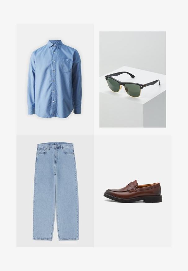 Camicia button-up a maniche lunghe, di colore azzurro chiaro, in cotone, con taschino sul petto e logo ricamato. Presenta un colletto classico e un orlo curvo.; Canotta bianca in cotone con scollatura rotonda, spalline larghe e orlo dritto, caratterizzata da una superficie liscia e senza motivi visibili.; Jeans in denim azzurro chiaro con design a gamba dritta, caratterizzati da una vita media, cinque tasche e chiusura con bottone e zip.; Mocassini in pelle marrone con punta arrotondata, cuciture decorative e suola in gomma nera. Texture liscia e dettagli di design minimi.; Occhiali da sole Ray-Ban con lenti verdi, montatura in plastica nera e dettagli dorati ai bordi. Forma quadrata con finitura opaca.; Borsa a tracolla in pelle marrone con un davanti piatto, due cinghie, dettagli in metallo dorato e una tracolla regolabile.