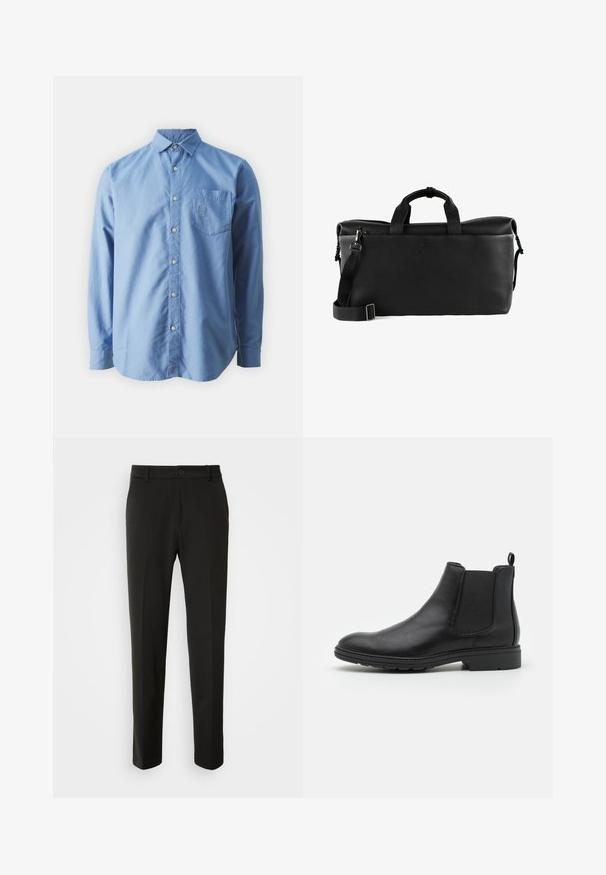 Lange mouwen, lichtblauw overhemd van katoen met een borstzak en geborduurd logo, met een klassieke kraag en gebogen zoom.; Zwarte broek van gladde stof, met rechte pijpen, een knoopsluiting en een klassiek ontwerp dat geschikt is voor zowel formele als casual gelegenheid.; Zwarte leren Chelsea-boot met elastische zijpanelen en een trekhaak, met een ronde neus en een gestructureerde rubberen zool.; Zwarte leren duffelbag met een gestructureerd oppervlak, dubbele handvaten, een verstelbare schouderriem en een ritssluiting aan de bovenkant. Eenvoudig logo-detail aan de voorkant.