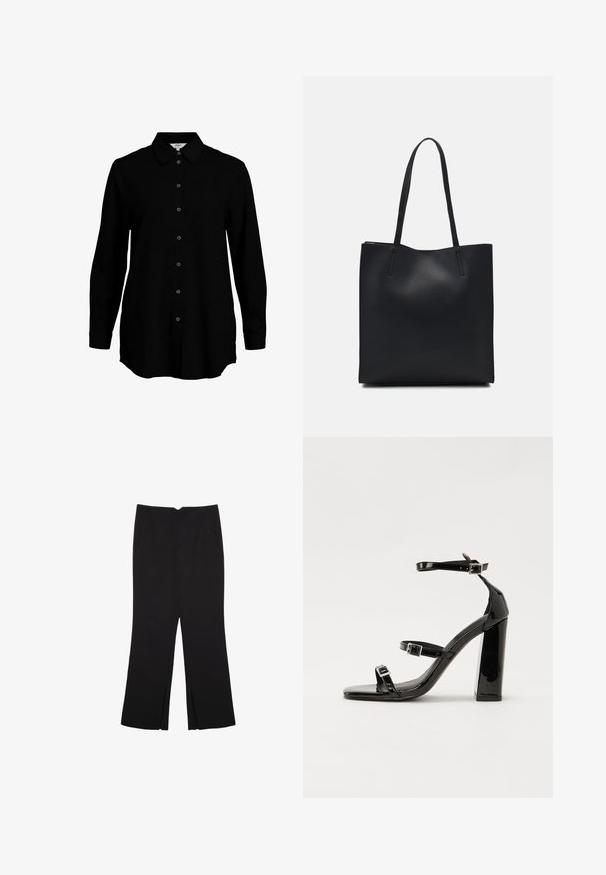 Maglietta nera a maniche lunghe con chiusura a bottoni, colletto classico e tessuto morbido. Presenta un delicato dettaglio intessuto e polsini stretti.; Pantaloni neri a gamba dritta, con tasche frontali e spacchi laterali all'orlo. Realizzati in tessuto morbido e liscio. Adatti a diverse occasioni.; Sandali con tacco in vernice nera, con punta squadrata, cinturini alla caviglia e fibbie in argento. Presentano un tacco a blocco spesso per maggiore stabilità.; Borsa tote in pelle nera con texture liscia, forma rettangolare e due manici lunghi. Nessun hardware o decorazione visibile.