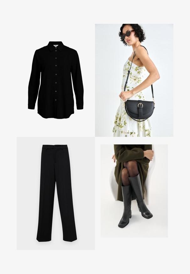 Black long-sleeve shirt with a buttoned front, classic collar, and soft fabric texture. Features subtle woven detail and narrow cuffs.; Black wide-leg trousers made of smooth fabric, featuring a classic waistband with a button closure and front pleats.; Knee-high black leather boots with a squared toe and block heel, shown with a model seated in an olive green coat. Smooth texture, minimal detailing.; Black leather handbag with a curved shape, detachable strap, and gold hardware. The bag features a flap with a buckle detail.