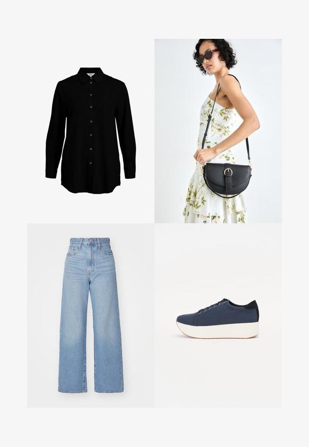 Zwarte lange mouwen shirt met een knoopsluiting aan de voorkant, een klassieke kraag en een zachte stoftextuur. Heeft subtiele geweven details en smalle manchetten.; Lichtblauwe high-waist wijde jeans met een knoop- en ritssluiting aan de voorkant, voor- en achterzakken, op een witte achtergrond.; Marineblauwe sneaker met een textuurstof bovenwerk, witte platformzool, ronde neus en zwart hakaccent. Voorzien van zes gaatjes voor veters.; Zwarte leren handtas met een gebogen vorm, afneembare schouderband en gouden hardware. De tas heeft een klep met een gespsluiting.