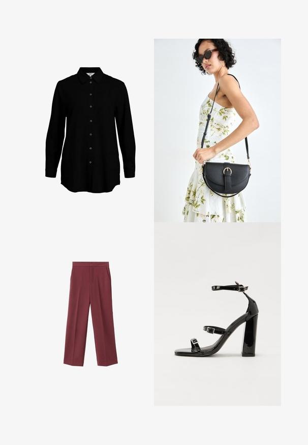 Zwarte lange mouwen shirt met een knoopsluiting aan de voorkant, een klassieke kraag en een zachte stoftextuur. Heeft subtiele geweven details en smalle manchetten.; Bordeaux brede broek met een zachte textuur, voorzien van zijzakken en een hoogtaille ontwerp. Strak gesneden met een nette voorplooi.; Zwarte gepatenteerde sandalen met hak en een vierkante neus, enkelbandjes en zilveren gespen. Heeft een stevige blokhak voor stabiliteit.; Zwarte leren handtas met een gebogen vorm, afneembare schouderband en gouden hardware. De tas heeft een klep met een gespsluiting.