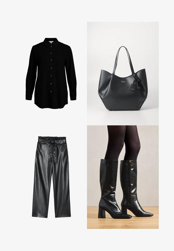 Chemise noire à manches longues avec un devant boutonné, col classique et texture de tissu douce. Présente des détails tissés discrets et des poignets étroits.; Pantalons larges en simili cuir noir avec une taille élastiquée à volant et une ceinture à nouer amovible. Texture lisse et éclat minimal.; Bottes en cuir noir jusqu'aux genoux avec une finition brillante, bout pointu et talon épais. Détail de fermeture éclair sur le côté pour un enfilage facile.; Sac fourre-tout noir en matériau synthétique texturé avec une silhouette large, doté de poignées doubles et d'un détail de pendentif de marque.; Boucle d'oreille en argent avec une finition polie, présentant de petits détails en or et de forme ronde, portée sur le lobe.