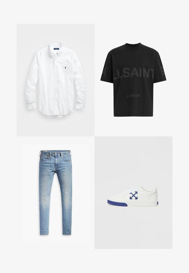 Chemise blanche à manches longues en coton. Dotée d'un col classique, de poignets à boutons et d'un petit logo brodé bleu marine sur la poitrine.; T-shirt noir surdimensionné avec le texte "ALLSAINTS" en gris foncé sur la poitrine et "LONDON" en lettres plus petites en dessous.; Jean slim bleu clair avec un léger délavage sur les cuisses, fermeture à bouton à l'avant, passants de ceinture et style à cinq poches sur fond blanc.; Baskets blanches à surface texturée, accent bleu sur l'avant et le logo, fermeture à lacets et semelle en caoutchouc plate.