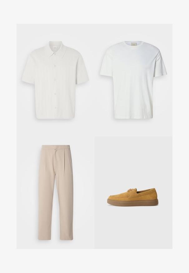 Klasiskā apkakle, īsām piedurknēm, izgatavota no baltas auduma ar ribotu struktūru, ar pogu aizdari priekšā.; Vienkārša balta īsām piedurknēm kreklveida T-krekls ar redzamu Calvin Klein marķējumu iekšpusē apkakles, parādīts neitrālā fonā.; Bēša krāsas, krokotās bikses, izgatavotas no mīksta auduma. Tām ir elastīga josta, taisnas kājas un gluda tekstūra. Nav kabatu vai akcentu.; Browningas zamšs slip-on apavi ar teksturētu virsmu, noapaļota purngala un kontrastējoša gumijas zole. Satur smalku zīmolu tuvumā papēžam.