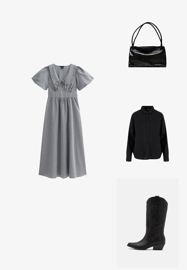 Zwarte lange mouwen blouse met knopen, gemaakt van katoen, met een klassieke kraag, voorknoopsluiting en een ontspannen pasvorm met een gebogen zoom.; Zwart-witte gingham jurk met korte pofmouwen, een brede halslijn, gathered taille en een rok tot op de knie. Heeft een strik in het midden.; Zwarte leren cowboylaars met spitse neus, lage gestapelde hak en een ingewikkeld geïmbossieerd bladerenpatroon op de schacht. Lus aan de bovenkant voor eenvoudig aantrekken.; Zwarte leren tas met een gladde structuur, rechthoekige vorm en twee lange handgrepen. Eenvoudig ontwerp zonder zichtbare hardware of versieringen.