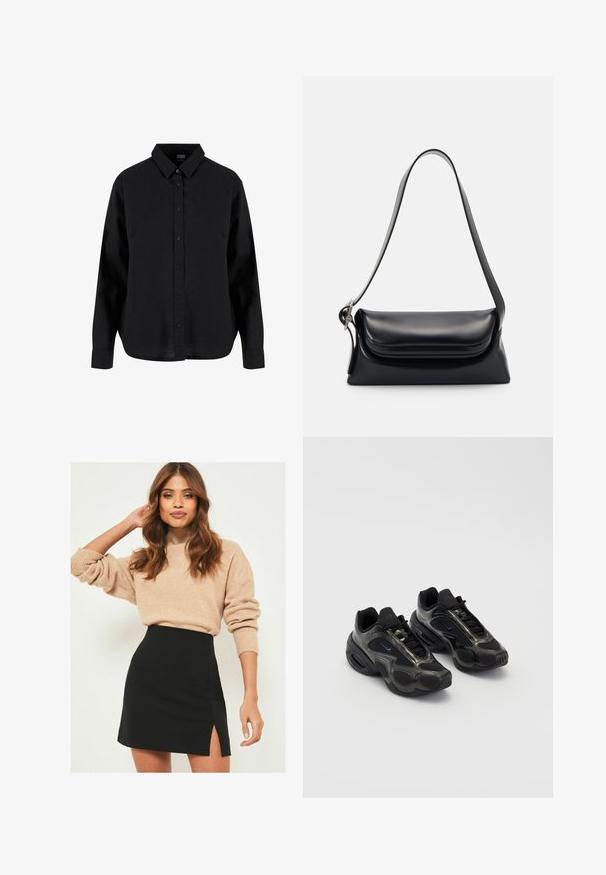 Cămașă neagră cu mâneci lungi, prevăzută cu nasturi, confecționată din bumbac, având un guler clasic, nasturi pe față și o croială lejeră cu o margine curbată.; Pulover bej tricotat cu manșete răsucite, combinat cu o fustă mini neagră cu o fanta laterală. Ținuta are o siluetă relaxată, dar totodată ajustată.; Încălțăminte sport neagră din material sintetic, cu accente din plasă și tălpi rotunjite. Dispune de un sistem de șireturi și un logo Nike proeminent pe limbă.; Geantă de mână din piele neagră cu o formă structurată, o textură netedă și o singură curea de umăr. Are un design subtil cu clapetă rotunjită.; Ceas de mână Casio din oțel inoxidabil cu mecanism quartz, cu carcasă rectangulară, afișaje analogice și digitale, brățară din oțel inoxidabil și caracteristici de rezistență la apă.