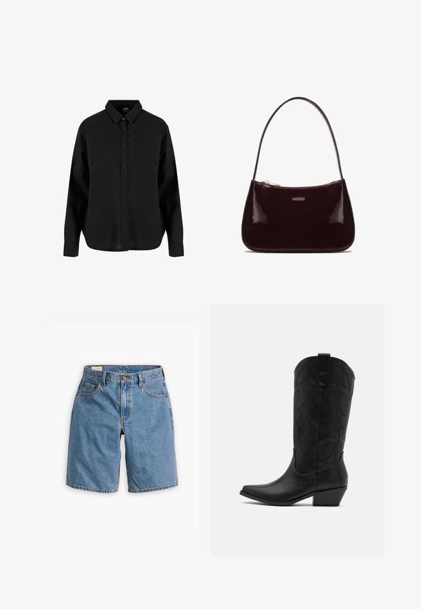Černá košile s dlouhým rukávem na knoflíky vyrobená z bavlny, s klasickým límcem, předními knoflíky a volným střihem s zakulaceným spodním lemem.; Modré džíny šortky s klasickým pětipocket designem, zipovým zapínáním s knoflíkem a třepenými okraji.; Černá kožená cowboyská bota s špičatou špičkou, nízkým hromadným podpatkem a složitým embosovaným listovým vzorem na holeni. Očko nahoře pro snadné obouvání.; Bordová lakovaná kabelka s hladkým povrchem, zakřiveným designem, jedním ramenním popruhem a zlatým logem "kazar" na přední straně.