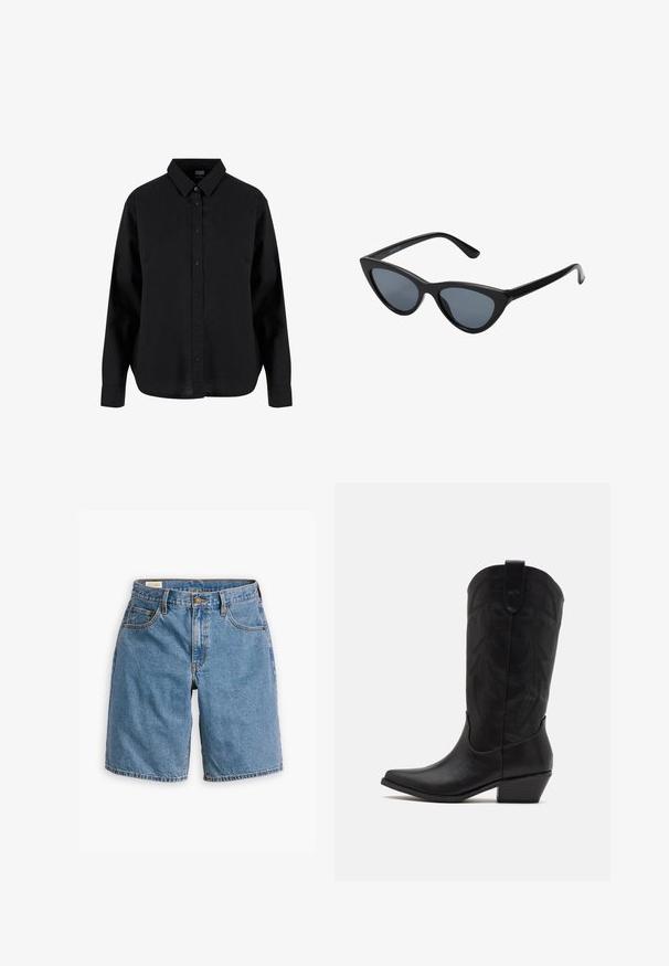 Camicia nera a maniche lunghe con bottoni, realizzata in cotone, caratterizzata da un colletto classico, bottoni frontali e una vestibilità rilassata con orlo curvo.; Shorts in denim blu con un classico design a cinque tasche, una chiusura con zip e bottone, e bordi sfrangiati.; Stivale da cowboy in pelle nera con punta affusolata, tacco basso impilato e intricato motivo a foglia stampato sul gambale. Anello nella parte superiore per una facile indossabilità.; Occhiali da sole cat-eye neri con lenti grigie scure, montatura in plastica elegante, angoli appuntiti e tempie dritte. Nessuna ferramenta o accenti visibili.