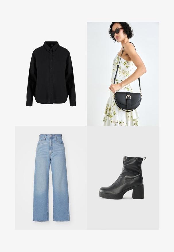 Juodas ilgomis rankovėmis mygtukinis marškinys, pagamintas iš medvilnės, turintis klasikinį apykaklę, priekiniai mygtukai ir atsipalaidavęs siluetas su lenktu apvadu.; Šviesiai mėlynos aukšto liemens plačios kojos džinsai su priekiniais užtrauktukais ir sagom, priekinėmis ir galinėmis kišenėmis, ant baltos fono.; Juodos kulkšninių botai, pagaminti iš lygaus odos, su šoniniu užtrauktuku, masyviu tekstūruotu kulnu ir apvaliu pirštu.; Juodas odinis krepšys su išlenkta forma, nuimamu dirželiu ir auksiniais detalėmis. Krepšys turi kilpą su sagtimi.