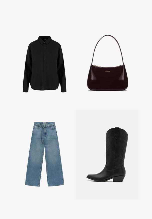 Zwarte lange mouwen blouse met knopen, gemaakt van katoen, met een klassieke kraag, voorknoopsluiting en een ontspannen pasvorm met een gebogen zoom.; Wijdvallende blauwe denim jeans met een gemiddelde wassing. Beschikt over een tailleband met trekkoord, een voorkeurszak en een eenvoudige afwerking zonder extra versieringen.; Zwarte leren cowboylaars met spitse neus, lage gestapelde hak en een ingewikkeld geïmbossieerd bladerenpatroon op de schacht. Lus aan de bovenkant voor eenvoudig aantrekken.; Bordeaux handtas van glanzend leer met een soepele textuur, gebogen ontwerp, enkele schouderriem en een gouden "kazar" logo aan de voorkant.