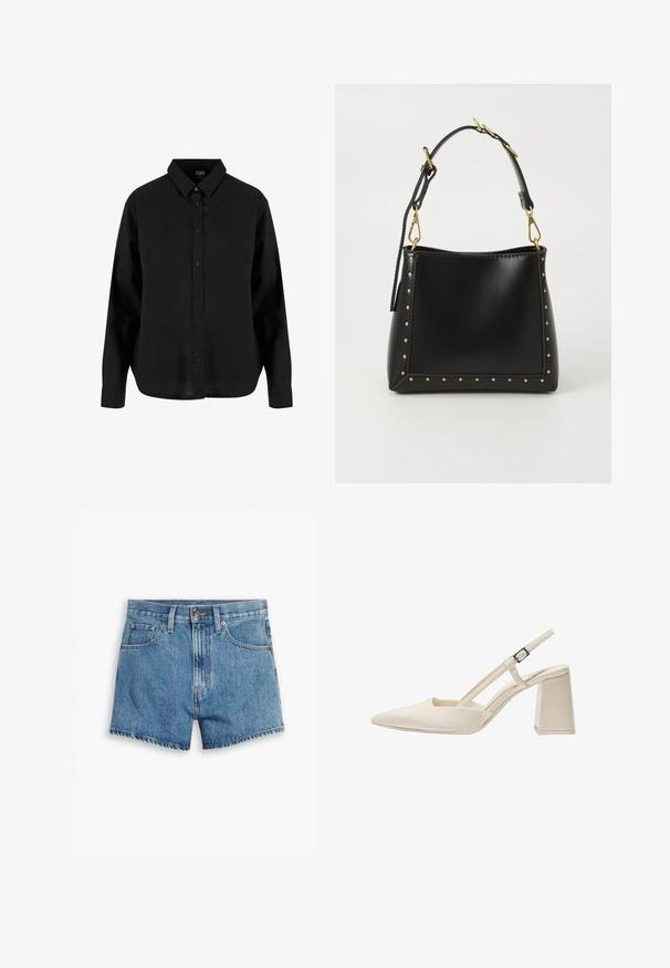 Camicia nera a maniche lunghe con bottoni, realizzata in cotone, caratterizzata da un colletto classico, bottoni frontali e una vestibilità rilassata con orlo curvo.; Shorts in denim blu chiaro, con cinque tasche, chiusura a zip e bottone. L'orlo è sfilacciato e presenta un design a vestibilità rilassata.; Scarpe beige con tacco a blocco medio, punta affusolata, finitura lucida in vernice e cinturino regolabile. Design minimalista con lati aperti.; Borsa a mano in pelle nera con forma strutturata, caratterizzata da borchie dorate lungo i bordi e una tracolla staccabile con dettagli in metallo dorato.