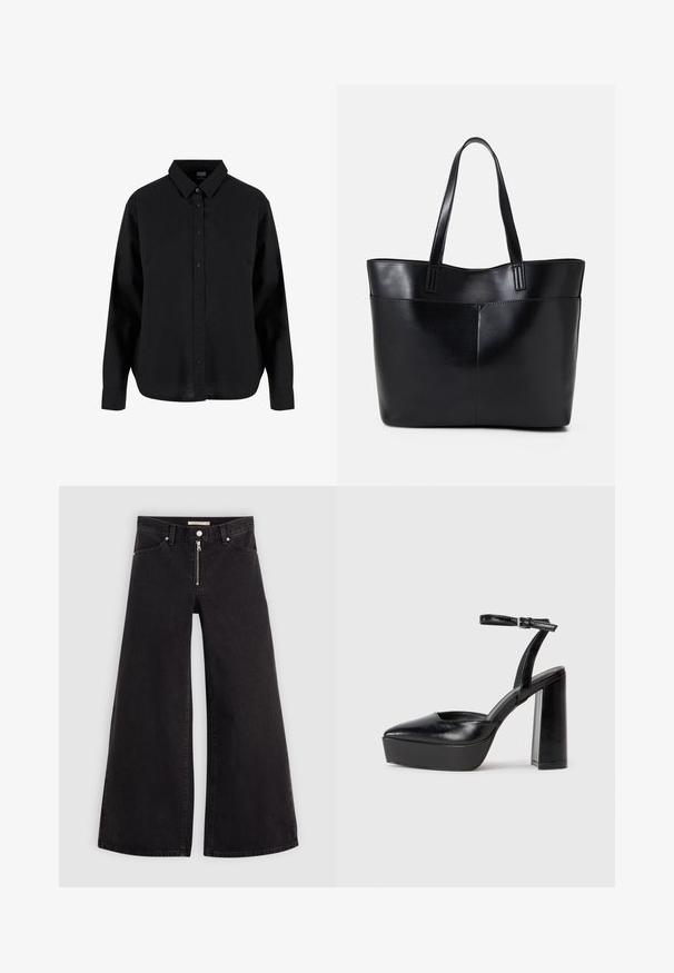 Zwarte lange mouwen blouse met knopen, gemaakt van katoen, met een klassieke kraag, voorknoopsluiting en een ontspannen pasvorm met een gebogen zoom.; Wijdvallende jeans van zwarte denim met een ritssluiting aan de voorkant, vijf zakken en subtiele stikdetails. Soepele textuur en casual stijl.; Zwarte plateauhakken met een puntige neus en verstelbare enkelband. Gemaakt van soepel leer, met een robuuste blokhak.; Zwarte leren tote bag met twee lange handvatten, een zachte textuur en een gestructureerde vorm. Voorzien van een voorvak voor extra opslagruimte.