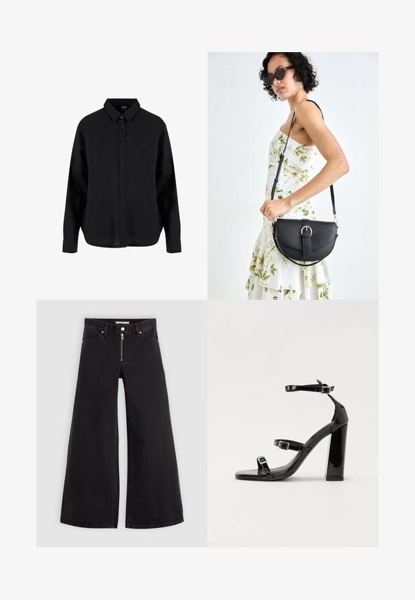 Črna dolgoročna srajca z gumbi, izdelana iz bombaža, s klasičnim ovratnikom, sprednjimi gumbi in sproščenim krojem s krivuljo na robu.; Široke traperice iz črnega denima z zadrgo spredaj, petimi žepi in diskretnimi šivi. Gladka tekstura in ležeren slog.; Črne lakirane sandale s peto, kvadratnim prstom, trakovi okrog gležnja in srebrnimi zaponkami. Opremljene so s stabilno Debelo peto.; Črna usnjena torbica s ukrivljeno obliko, z odstranljivo naramnico in zlatimi dodatki. Torbica ima pokrov s podrobnostmi v obliki zaponke.