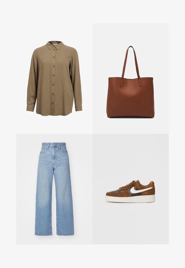 Object - Bluzka; Jasnoniebieskie jeansy z wysokim stanem i szerokimi nogawkami, z zapięciem na guziki i zamek z przodu, przednie i tylne kieszenie, na białym tle.; Brązowe zamszowe i skórzane sneakersy z białym Swooshem, okrągły czubek, teksturowane sznurowadła i gruba biała gumowa podeszwa.; Brązowa skórzana torba tote o gładkiej fakturze, z otwartym wierzchem i dwoma ramiączkami. Charakteryzuje się minimalnym przeszyciem i brakiem widocznych elementów metalowych.