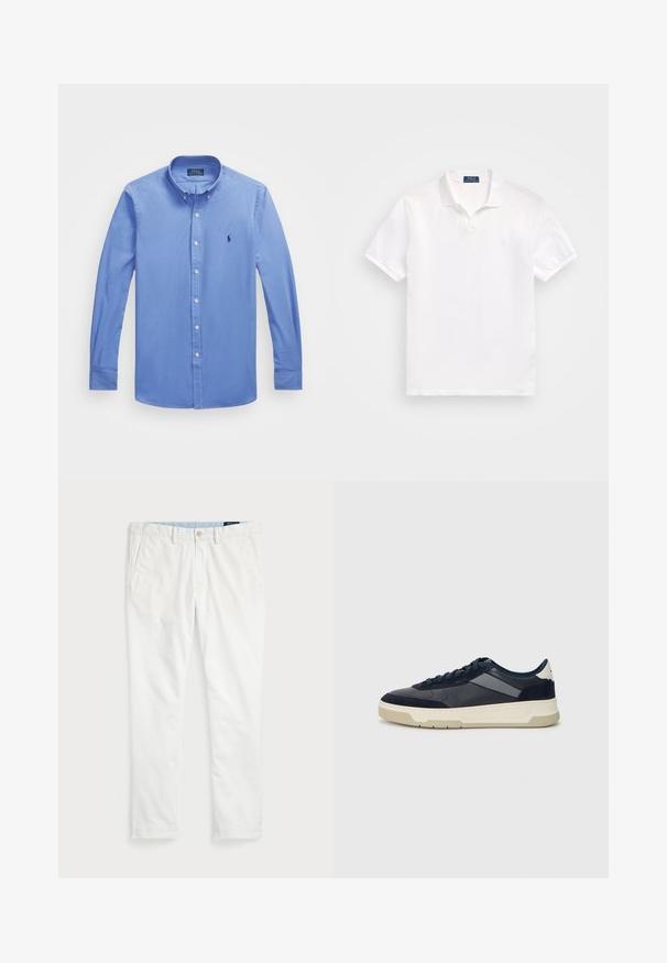 Hele sinine pikade varrukatega särk nööpidega kraega, valged nööbid ja väike tikand vasakul rinnal. Sile tekstuur.; Valge puuvillane polo särk, millel on kahe nupuga põll, lühikesed varrukad ja tagasihoidlik logo vasakul rinnal. Sile tekstuur.; Valged chino püksid, mis on valmistatud puuvillast, sirge lõikega, vöökohtadega, kahe külgtasku ja ühe tagataskuga. Sile tekstuur ja sirge jalg.; BOSS BALTIMORE - Tossud - open blue