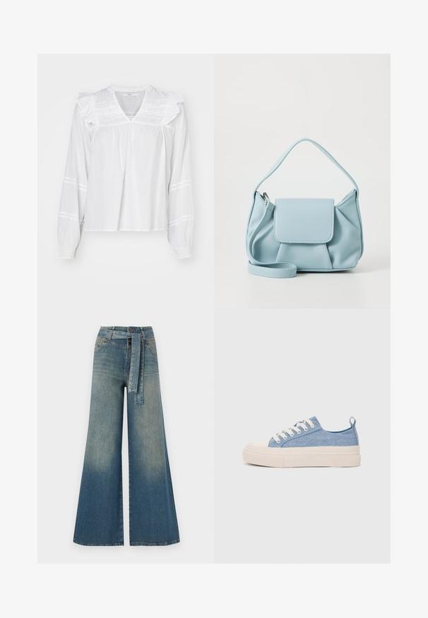 Balta ilgomis rankovėmis bluzonė su raukšlėmis ant pečių, V formos iškirpte ir surinktomis rankovėmis. Savybės: horizontalių dryžių raštas ant rankovių.; Platus džinsinis kelnes su šviesiai tamsiai mėlynu gradientu, aukštu juosmeniu, diržo kilpomis ir atitinkančiu audinio diržu. Textūruotas džinsinis paviršius.; Šviesiai mėlyni drobės sportbačiai su kreminiu guminiu pirštų apsaugos ir pado elementu, balti raišteliai ir kilpa ant kulno.; Šviesiai mėlynas odinis rankinės maišas su viršutiniu rankenėle, priekinė kišenė su užklotu ir nuimamu riešo dirželiu ant baltos fono.