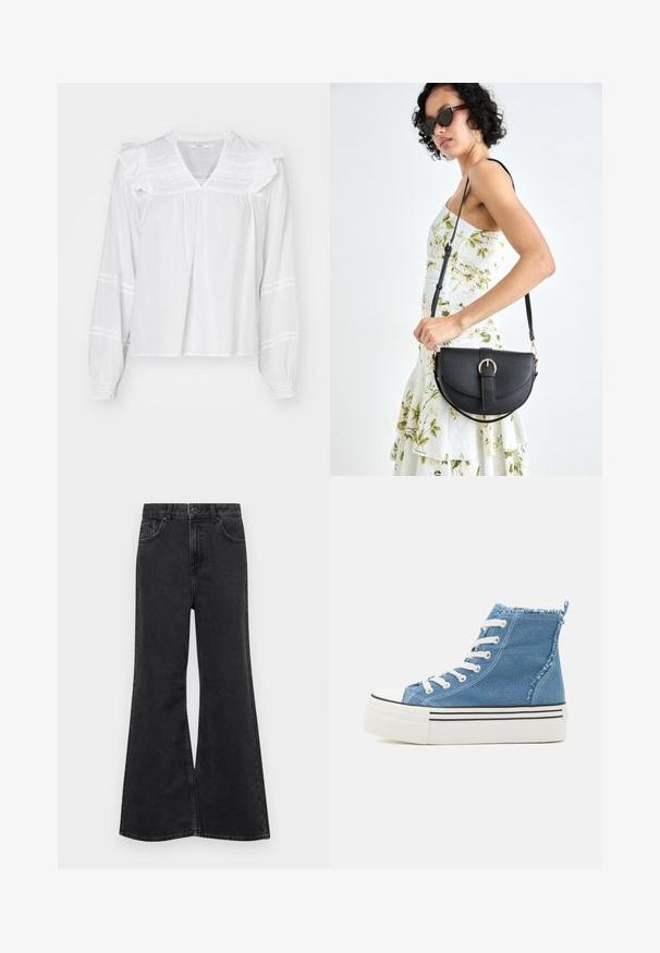 Balta ilgomis rankovėmis bluzonė su raukšlėmis ant pečių, V formos iškirpte ir surinktomis rankovėmis. Savybės: horizontalių dryžių raštas ant rankovių.; Juodos džinsinės platėjančios kelnės su aukšta talija, turinčios penkias kišenes, subtilius siūlus ir mygtukų uždarymą priekyje.; Šviesiai mėlynos džinsinės aukštakulnės sportbačiai su baltais raišteliais. Savybės: balta platforma su juodomis juostelėmis ir nuleista kulkšnis.; Juodas odinis krepšys su išlenkta forma, nuimamu dirželiu ir auksiniais detalėmis. Krepšys turi kilpą su sagtimi.