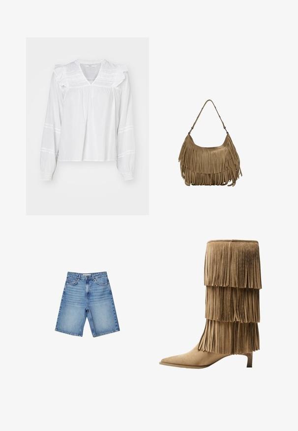 Bílá halenka s dlouhým rukávem a volánkovými detaily na ramenou, s výstřihem do V a nařasenými manžetami. Má horizontální pruhy podél rukávů.; Džínové šortky ve světle modré barvě, s klasickým designem pěti kapes, zipovým zapínáním a jemným vyblednutím. Rovný střih s ohrnutými okraji.; Pohodlné kotníkové boty v hnědé nubukové kůži s třemi vrstvami třásní. Špičatá špička a nízký blokový podpatek. Hladký povrch po celé délce.; Hnědá semišová kabelka s dlouhými třásněmi, zakřiveným tvarem a jedním ramenním popruhem. Vyznačuje se hladkým, texturovaným povrchem.