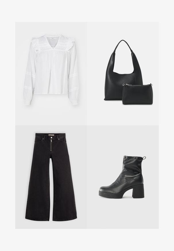 Valge pikkade varrukatega pluus, millel on rippdetailid õlgadel, V-kujuline kaelus ja kogutud mansetid. Varrukatel on horisontaalsed triibud.; Laiad teksad mustast denimist, millel on lukuga eesmine osa, viie taskuga disain ja peened õmblusdetailid. Sile tekstuur ja juhuslik stiil.; Mustad mustad ansapüksid, mis on valmistatud siledast nahast, külje zipperiga, paksu tekstuuriga kontsaga ja ümmarguse nina disainiga.; Even&Odd SET - Käekott - black