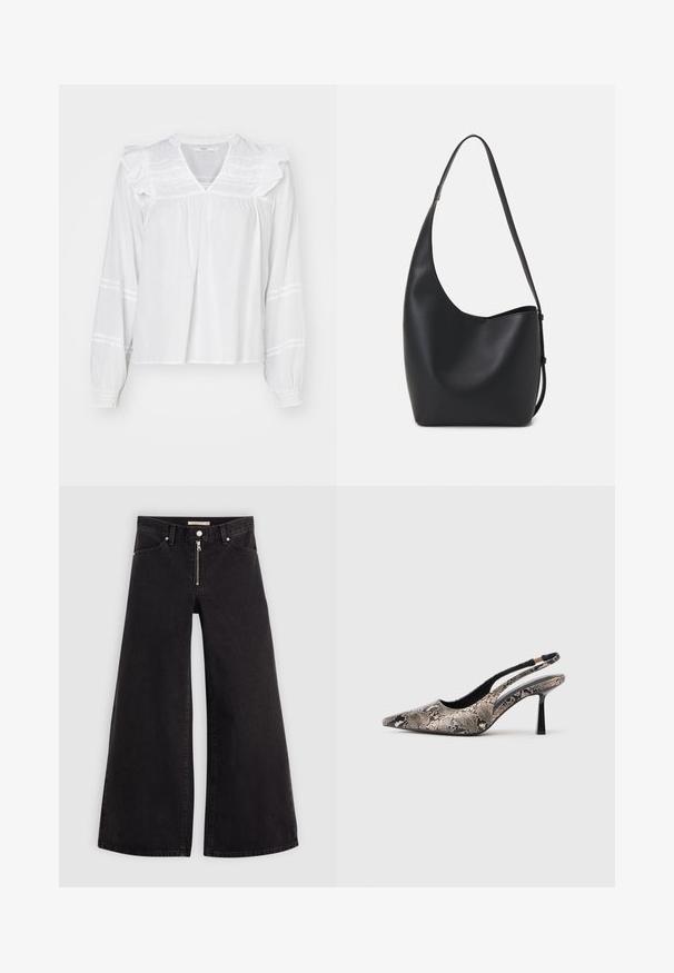 Weißbluse mit langen Ärmeln und Rüschendetails an den Schultern, V-Ausschnitt und gerafften Manschetten. Mit horizontalen Streifen entlang der Ärmel.; Schwarze Denim-Jeans mit weitem Bein, Reißverschluss vorne, Fünf-Taschen-Design und dezenten Stickdetails. Glatte Textur und lässiger Stil.; Spitze Slingback-Schuhe aus strukturiertem Schlangenprint-Material, mit einem schlanken schwarzen Absatz und einem Ausschnitt-Design an den Seiten.; Schwarze Leder-Hobo-Tasche mit einer glatten Textur, geschwungener Form und einem einzelnen verstellbaren Tragegurt; verfügt über eine weite Öffnung am oberen Ende.