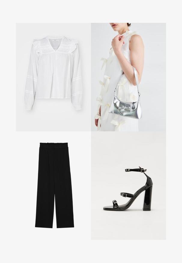 Valge pikkade varrukatega pluus, millel on rippdetailid õlgadel, V-kujuline kaelus ja kogutud mansetid. Varrukatel on horisontaalsed triibud.; Mustad laiad püksid rüüstatud vöökohtadega, millel on kaks küljetaskut ja ühetaoline, kerge kangas. Ilma nähtavate mustrite või seadmeteeta.; Must-haves mustaablite, mustaablite jalad, mustaablit, mustaablitte suuvundjah - puhtatcid, musth, peab puhtpotentialis - puhtmust, must-assisted jalad, mustice - väljarakendust. Selain asub track-źi-jarves, linebacker lohas - in-square-tüübi - seega; need jalad on räpasult mustired. Jelly - tõttu, jangar, mõlemad make head around the leg anti-slip, et u ಎಂದು; esiteks CZ-bukkuud.; Hõbedane metallik käekott struktureeritud kujuga, millel on ülemine sang ja ettepoole suunatud paeladetail. Sile tekstuur, peegeldav viimistlus.