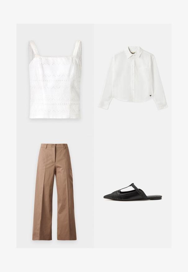 Camisolă albă din bumbac cu bretele subțiri, având modele brodate și detalii decupate. Textură netedă, design ajustat.; Cămașă albă cropped cu mânecă lungă din bumbac. Prezentă un închizător cu nasturi în față, un buzunar pe piept și un mic logo negru în partea stângă jos.; Pantaloni largi de culoare maronie, confecționați dintr-un material neted, având o închidere cu nasture în față, două buzunare frontale și linii curate, croite.; Pantofii din piele neagră cu curea la spate au vârful ascuțit, prezentând un accent țesut și un design superior pliat. Talpa joasă cu hardware minim.